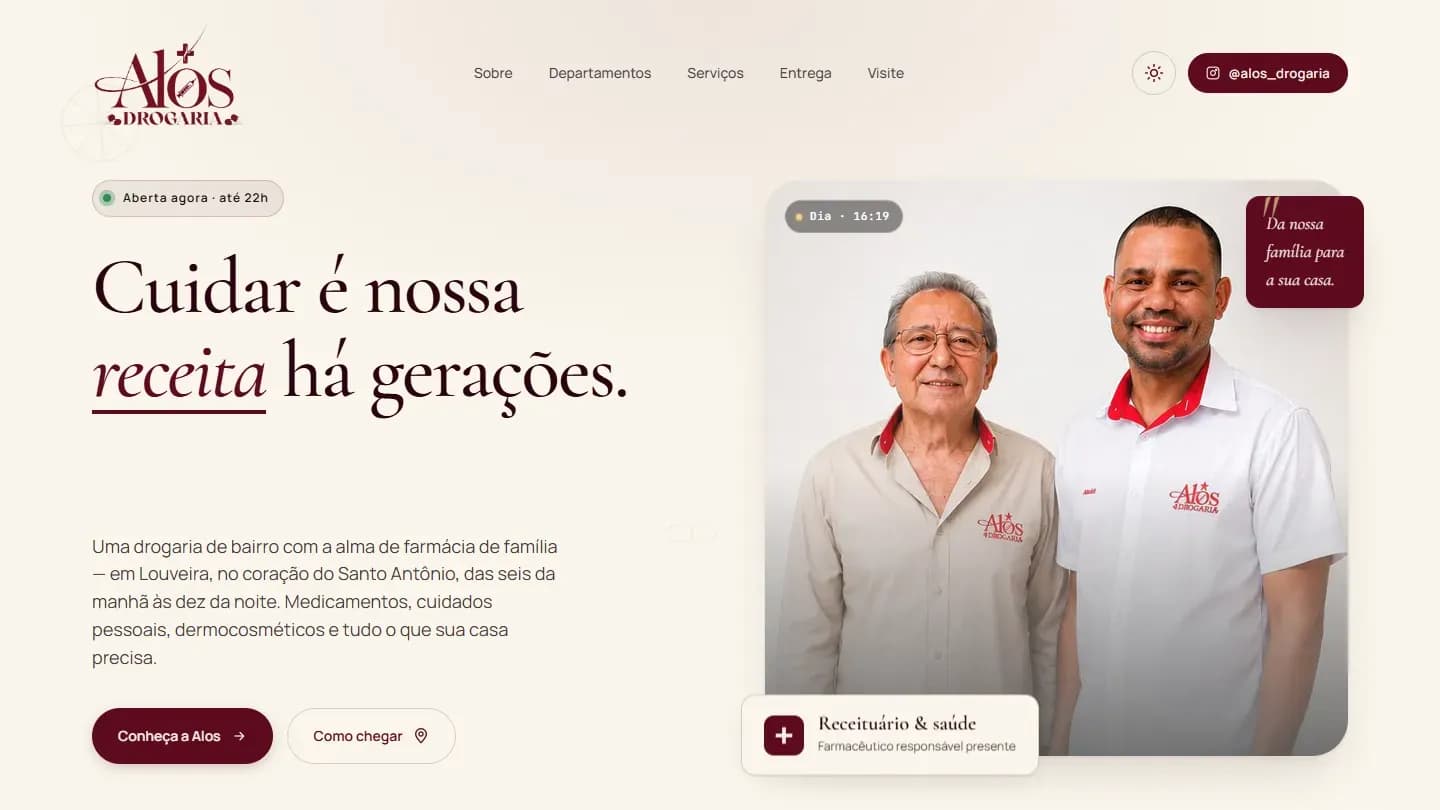 Página inicial do site Alos Drogaria, no computador