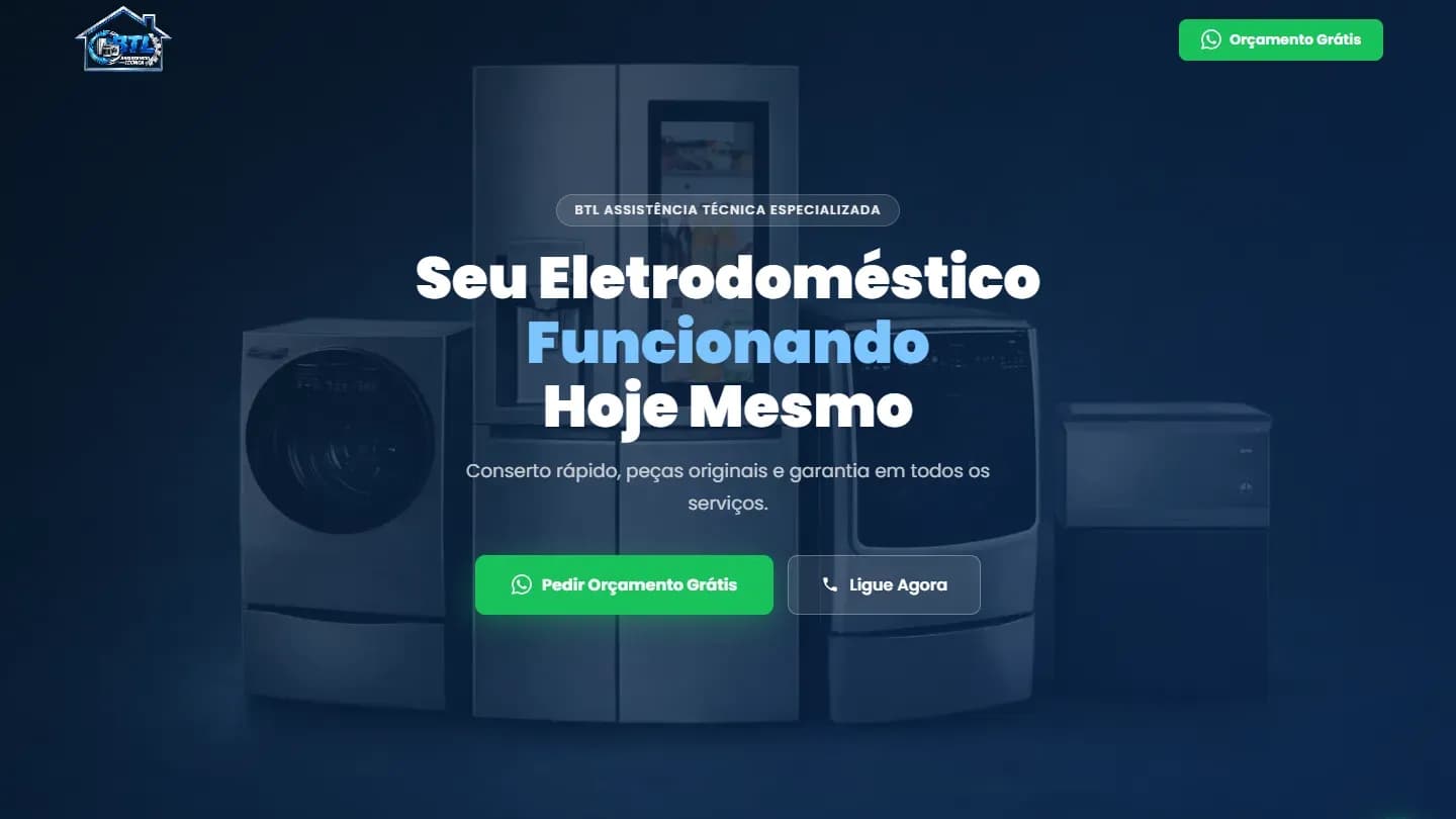 Página inicial do site BTL Assistência Técnica, no computador