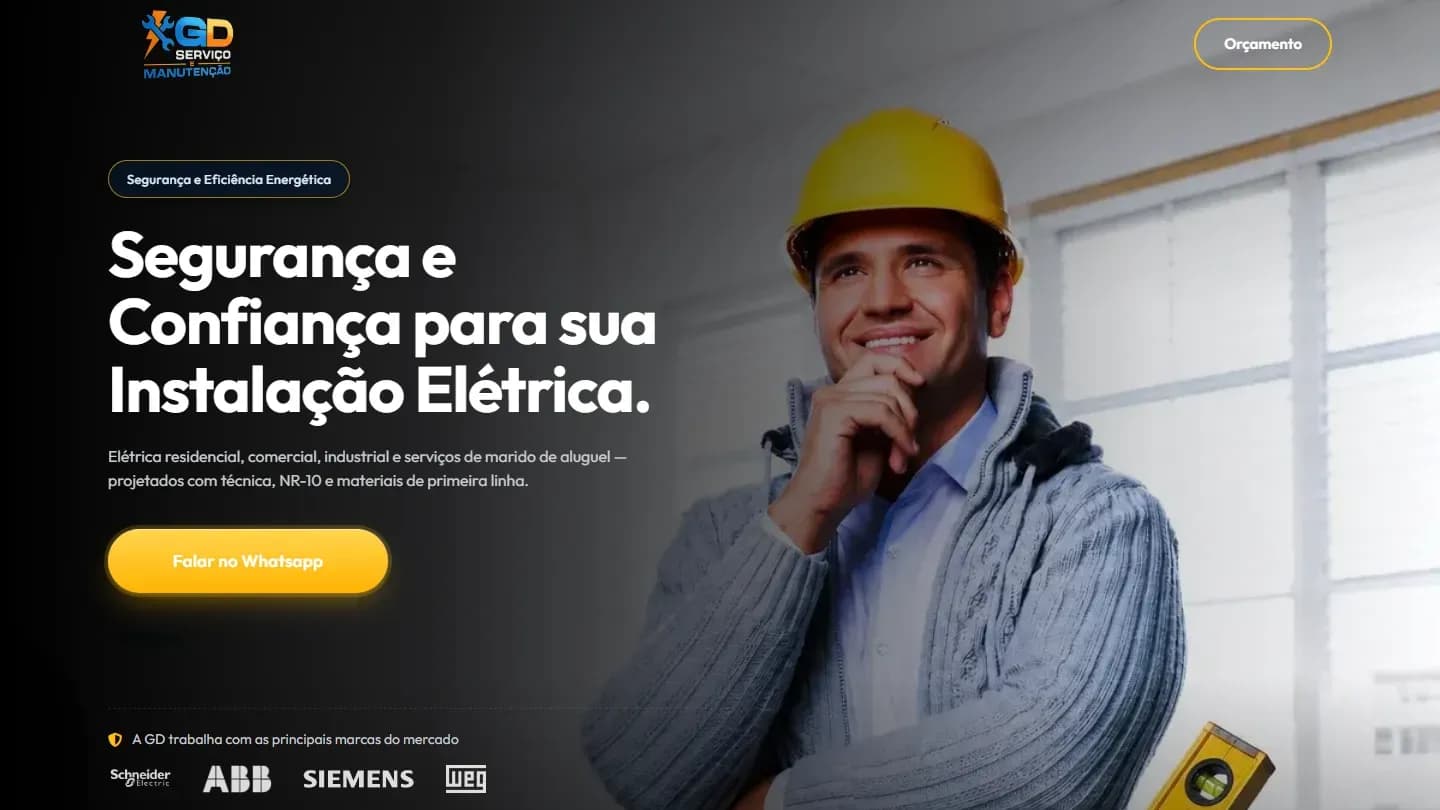 Página inicial do site GD Instalações Elétricas, no computador